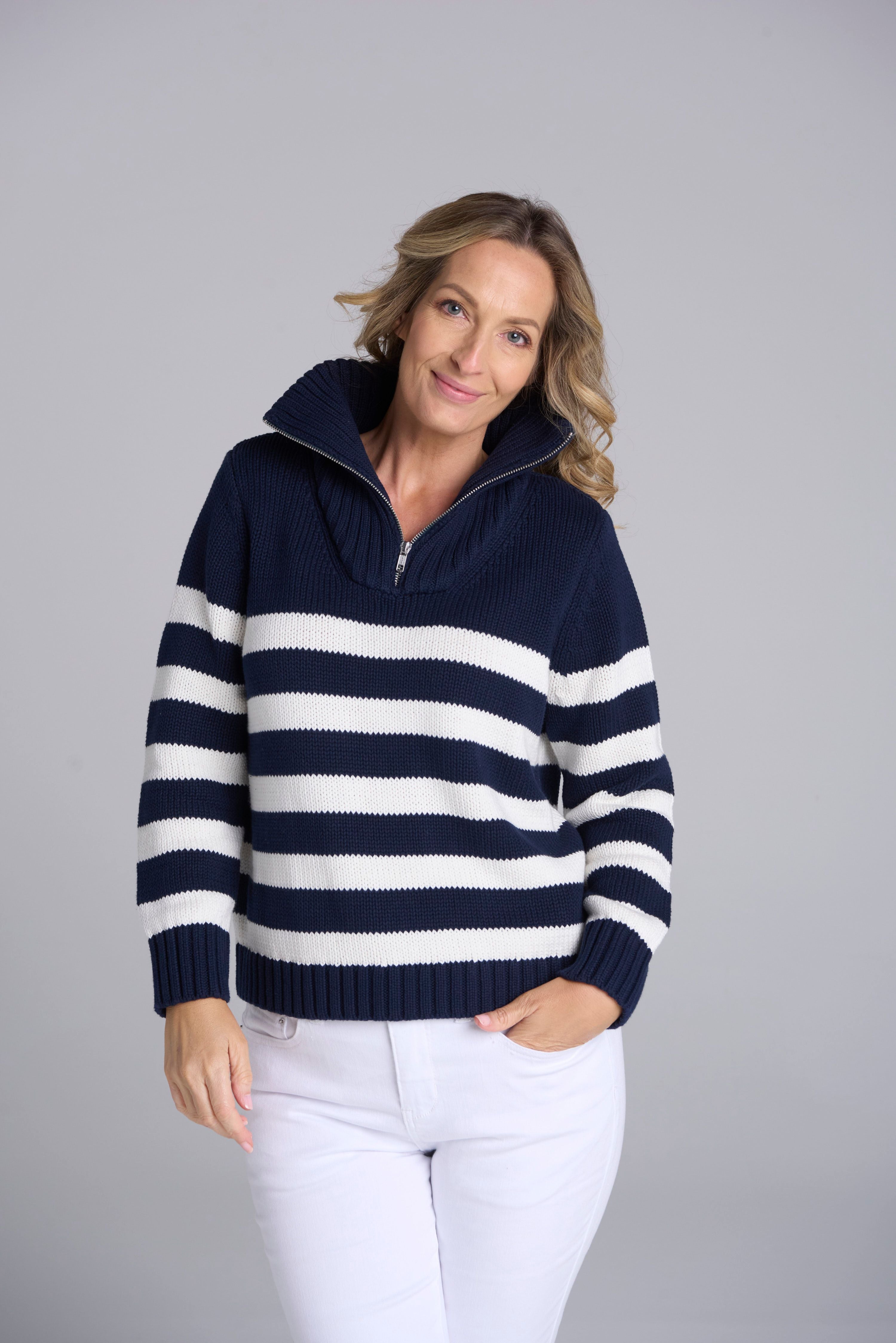 Goondiwindi Cotton Stripe 1/2 Zip Chunky Jumper