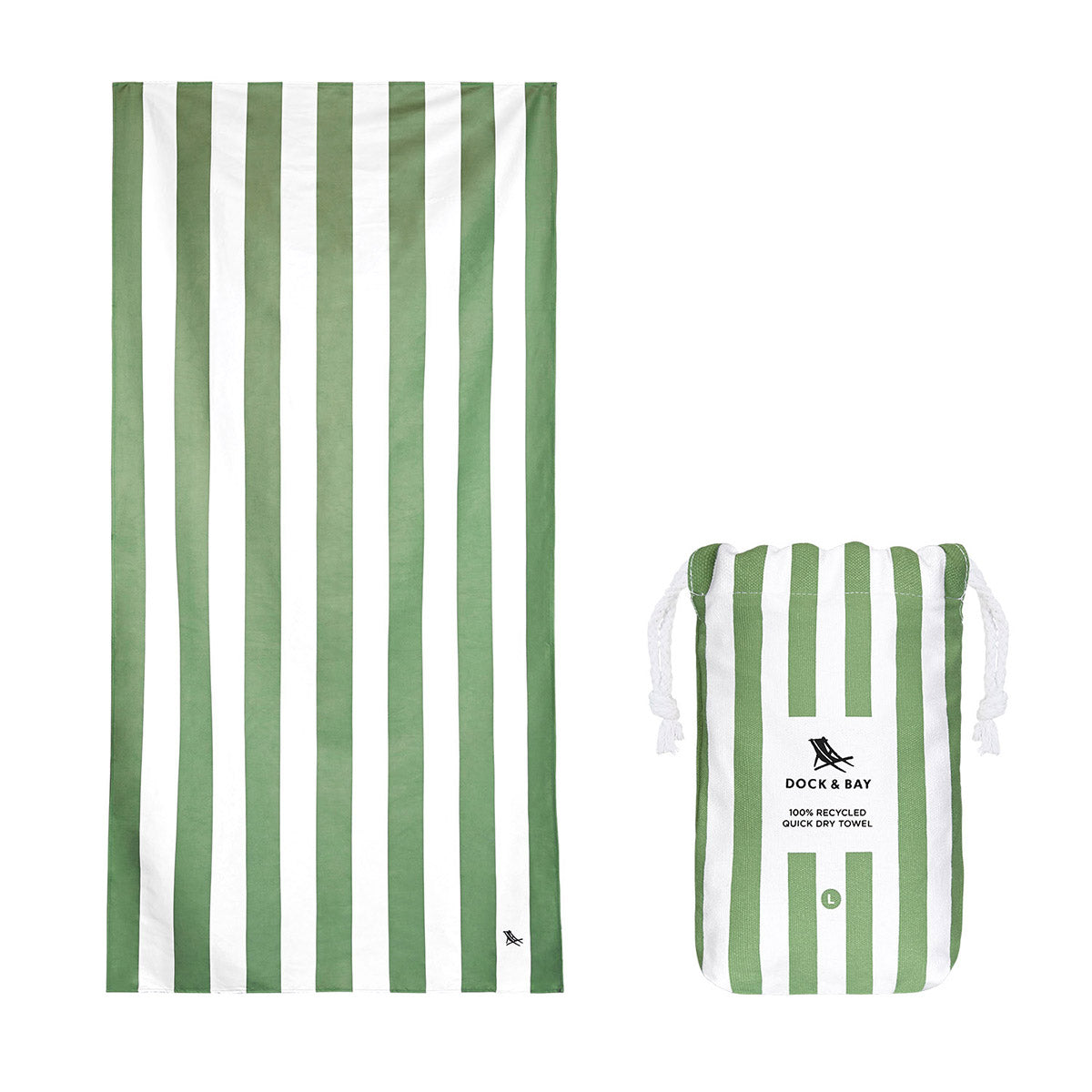 Dock and Bay towel, quick dry towel, green and white striped towel, sand free towel, absorbent towel, beach towel, the conron store, grenfell nsw