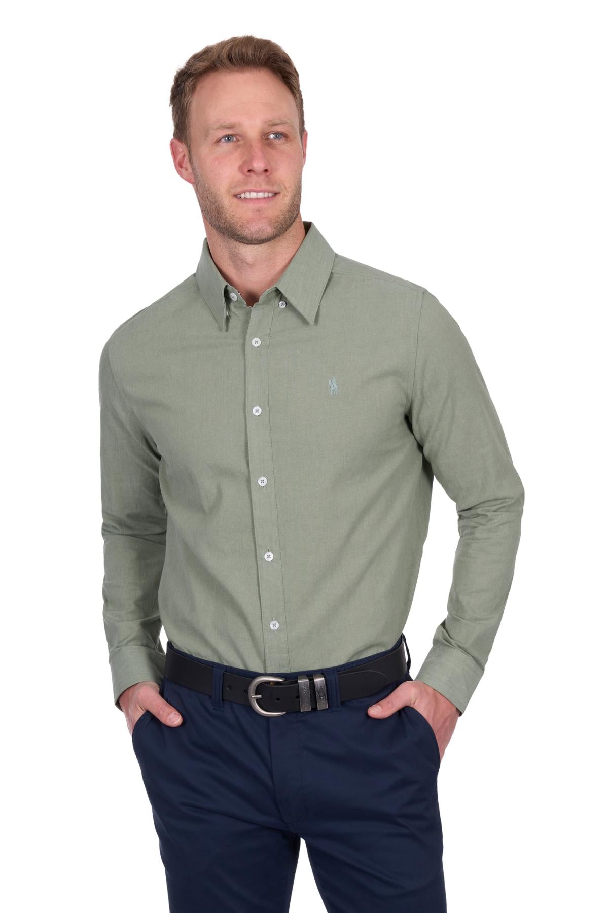 Man wearing a green button-up shirt
