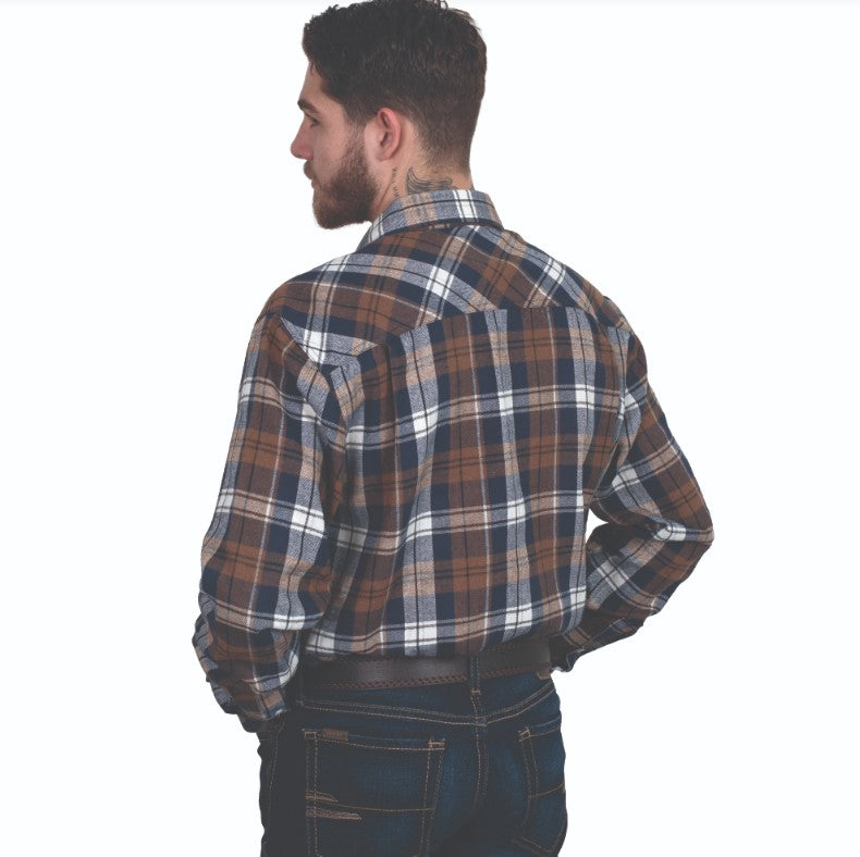 Just Country Mens Evan Workshirt Flannel in Brown/Navy