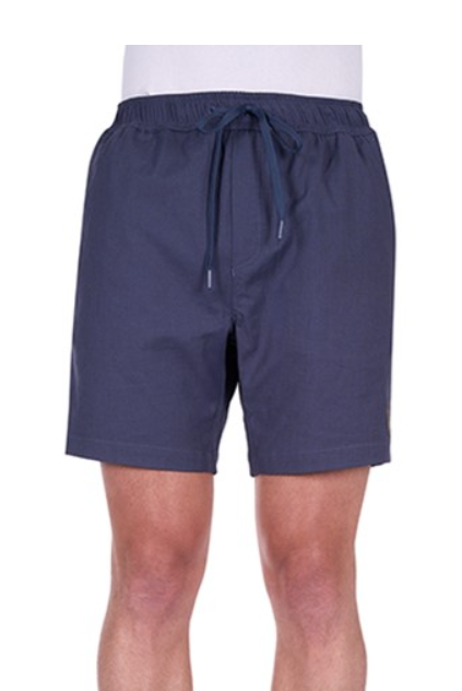 Navy blue shorts with a drawstring on a white background
