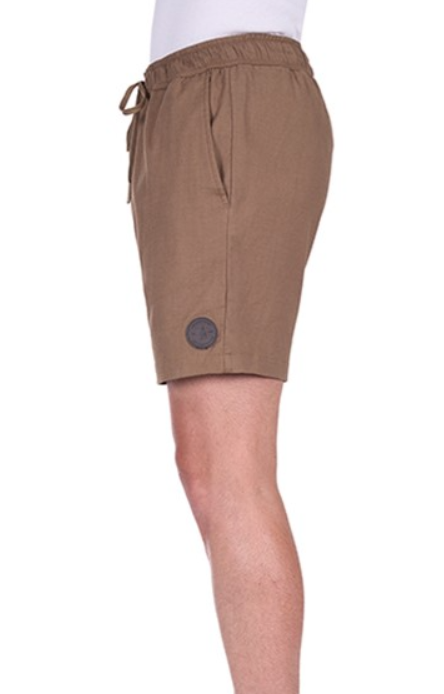 Brown shorts with a logo on a white background