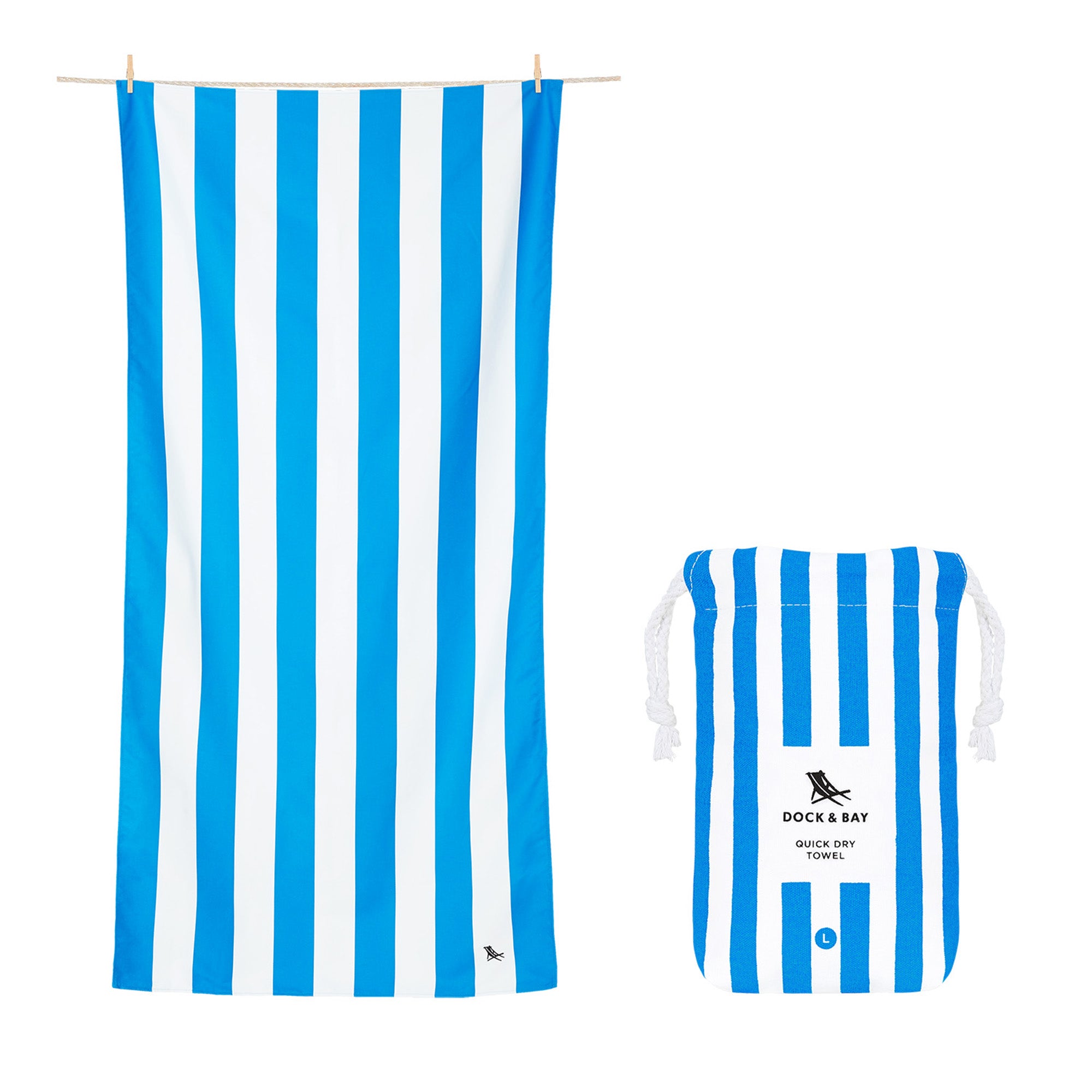 Dock and Bay towel, quick dry towel, blue and white striped towel, sand free towel, absorbent towel, beach towel, the conron store, grenfell nsw