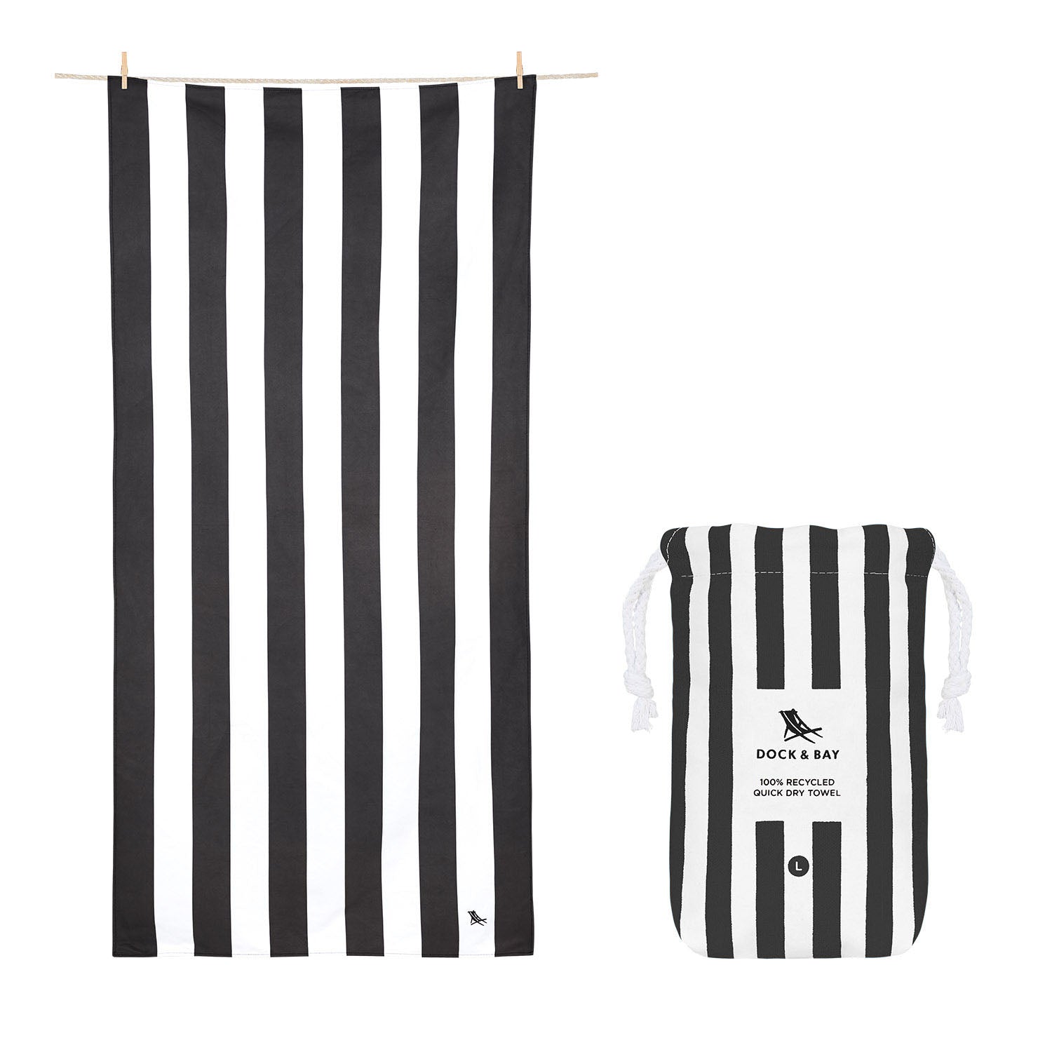 Dock and Bay towel, quick dry towel, black and white striped towel, charcoal and white striped towel, sand free towel, absorbent towel, beach towel, the conron store, grenfell nsw