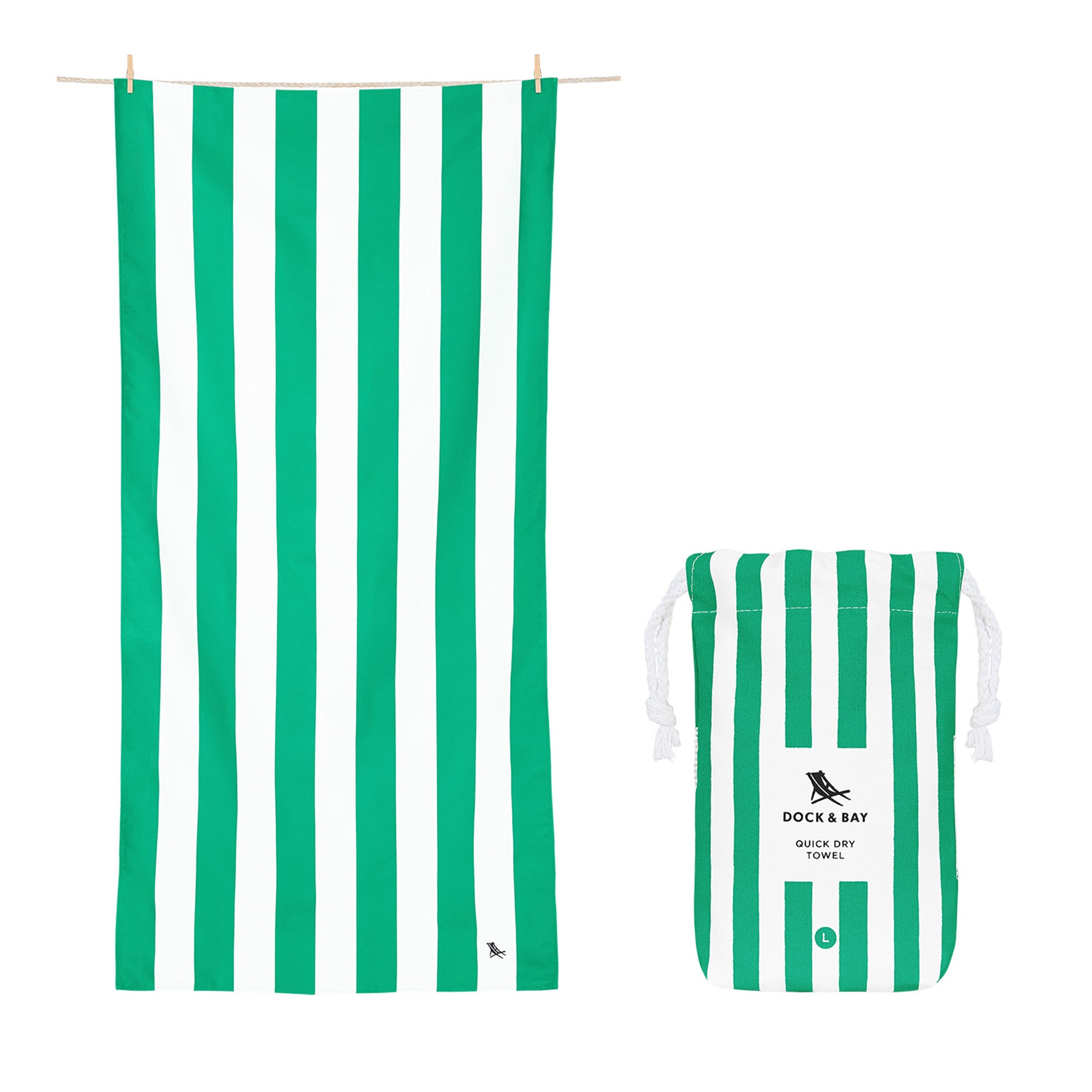 Dock and Bay towel, quick dry towel, green and white striped towel, sand free towel, absorbent towel, beach towel, the conron store, grenfell nsw