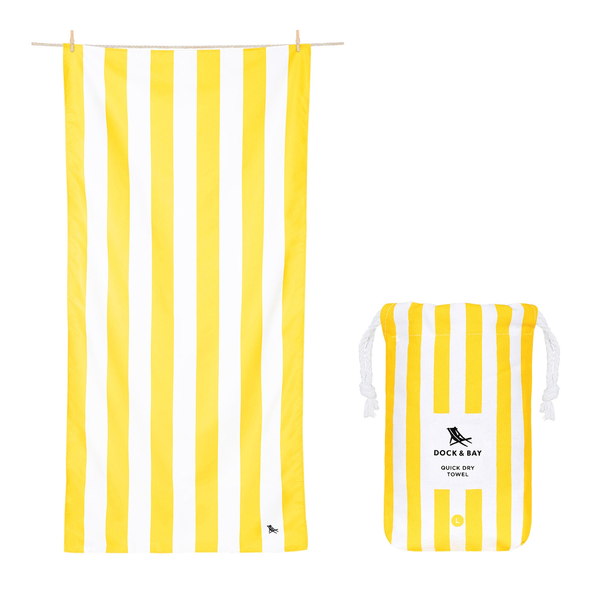 Dock and Bay towel, quick dry towel, yellow and white striped towel, sand free towel, absorbent towel, beach towel, the conron store, grenfell nsw