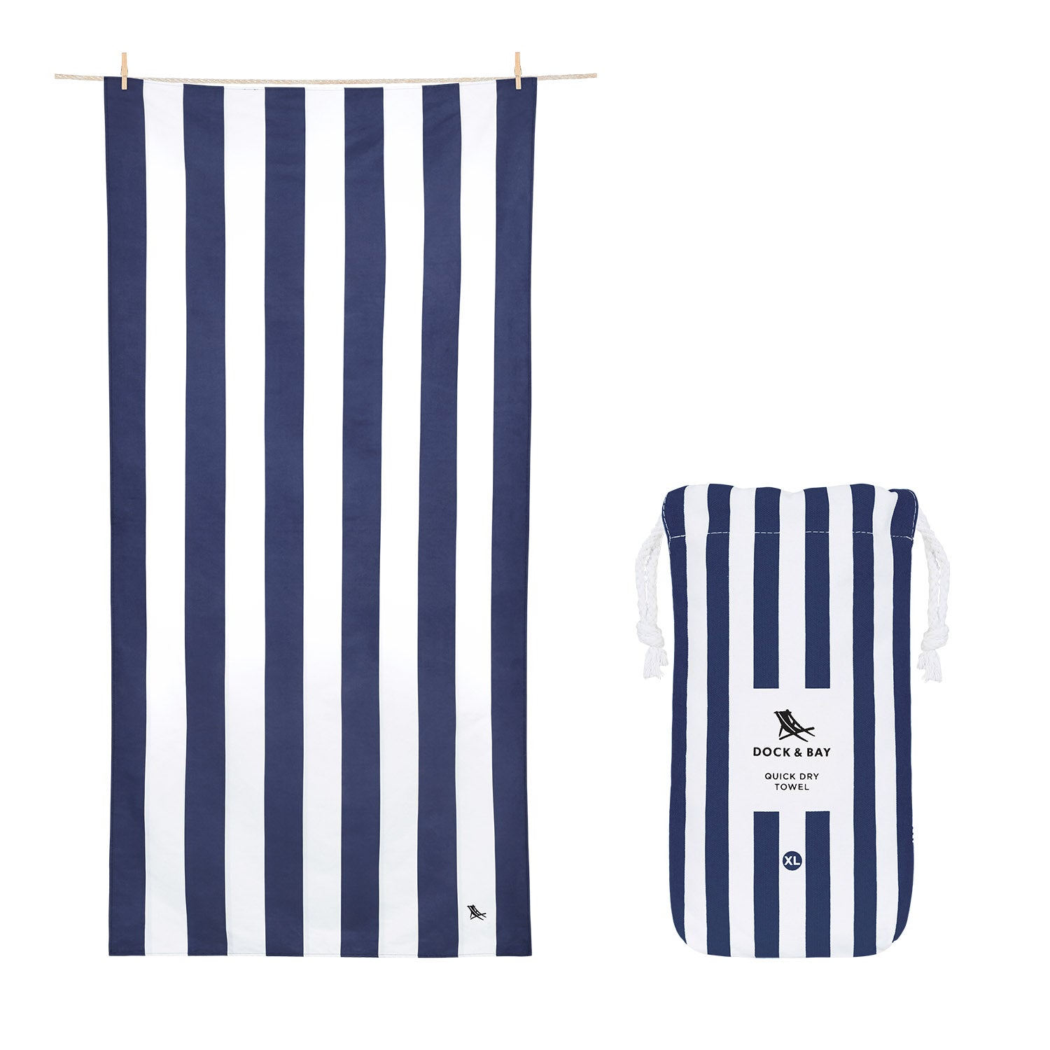 Dock and Bay towel, quick dry towel, navy and white striped towel, blue and white striped towel, sand free towel, absorbent towel, beach towel, the conron store, grenfell nsw