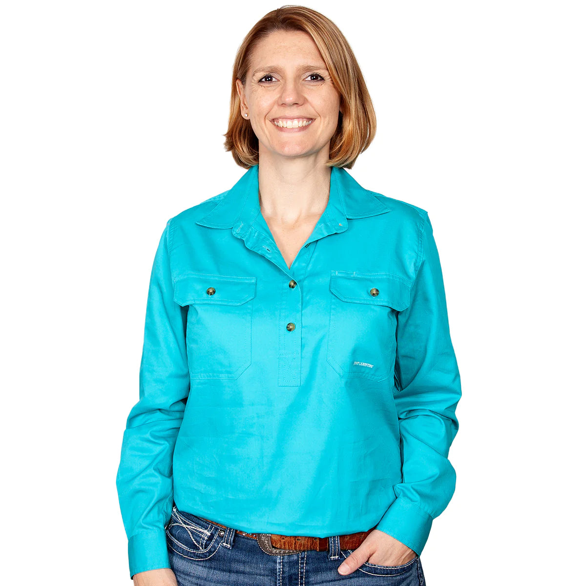 turquoise work shirt, womens work shirt, womens workwear, country clothing, grenfell shops, the conron store grenfell