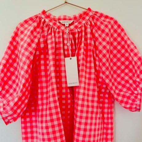 Sorority Short Sleeve Neon Pink Gingham Blouse/Shirt