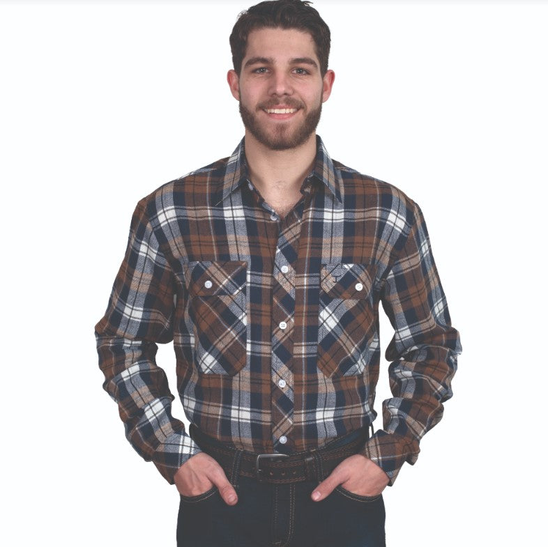 Just Country Mens Evan Workshirt Flannel in Brown/Navy