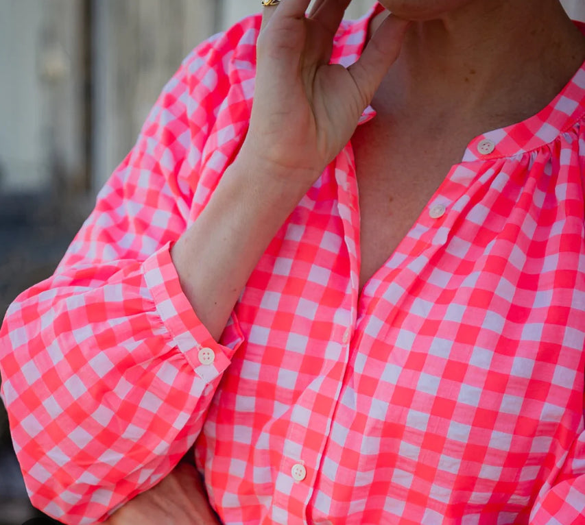 Sorority 3/4 Sleeve Neon Pink Gingham Blouse/Shirt 100% Cotton