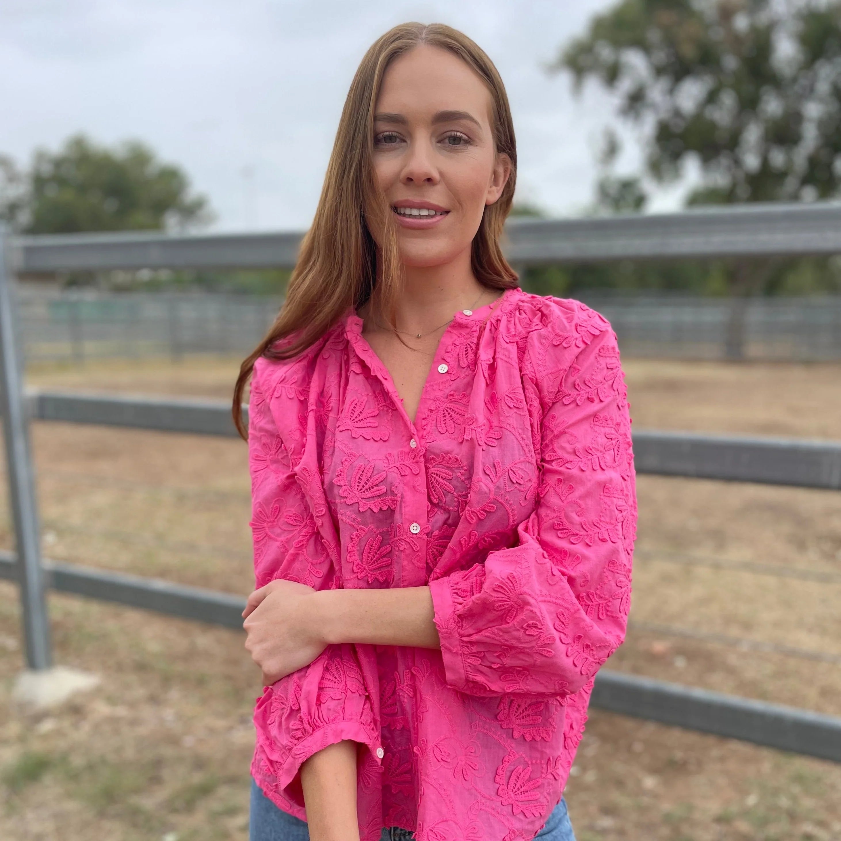 Sorority Pink Embroidered Cotton Blouse/Shirt