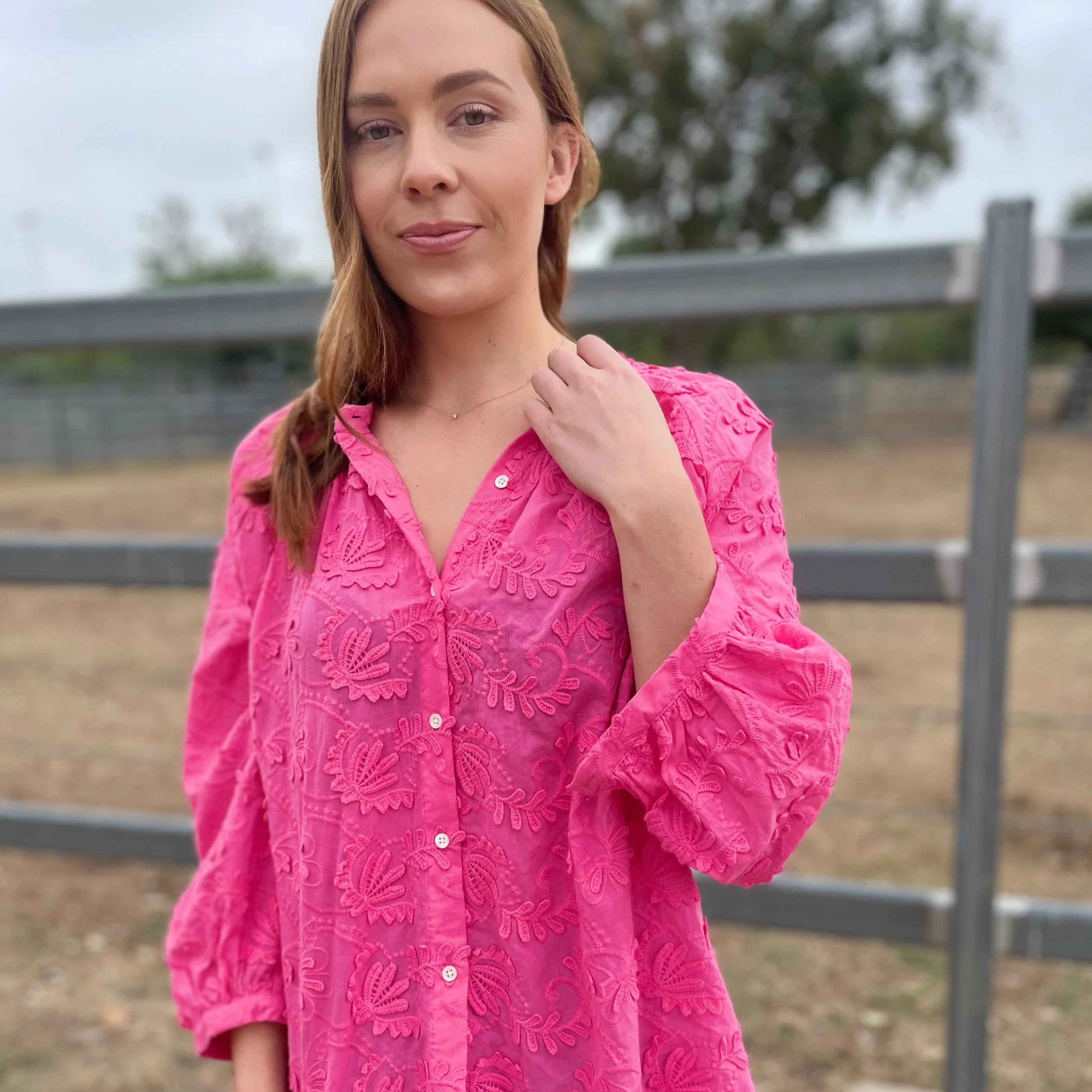 Sorority Pink Embroidered Cotton Blouse/Shirt